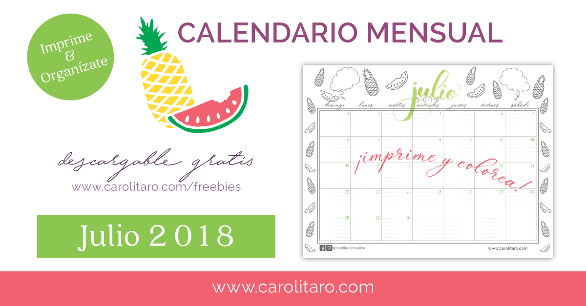 Calendario Carolita Ro julio 2018 gratis