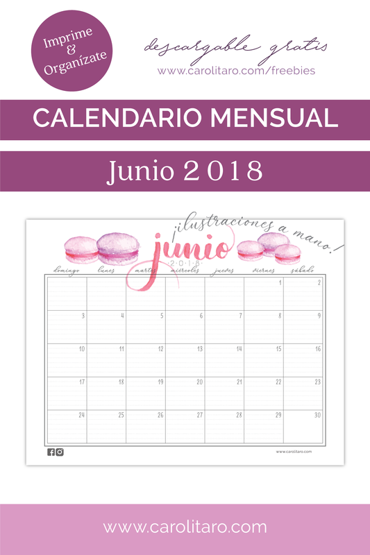 Calendario Junio Descargable Gratis en www.carolitaro.com
